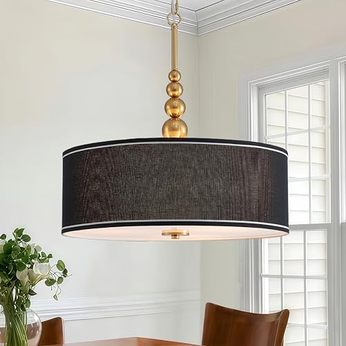 Shrine Lighting Drum Chandeliers, Farmhouse Style, Perfect Drum Pendant Light for Dining Room, D20'' x H7'', Adjustable Chains 59'', E26*3 Sockets, Black Linen Fabric Lampshade & Gold Rod - color: Black&Gold D20''
