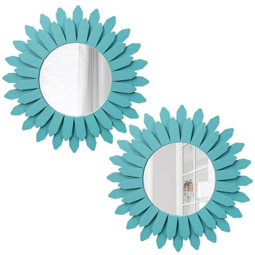 Honiway Beach Wall Decor Mirror 2 Pack 12 inch Wood Coastal Wall Decor Sunburst Boho Home Decor Room Decor for Bedroom Living Room Entryway Cyan - color: Cyan, size: 12 inch (2 pack)