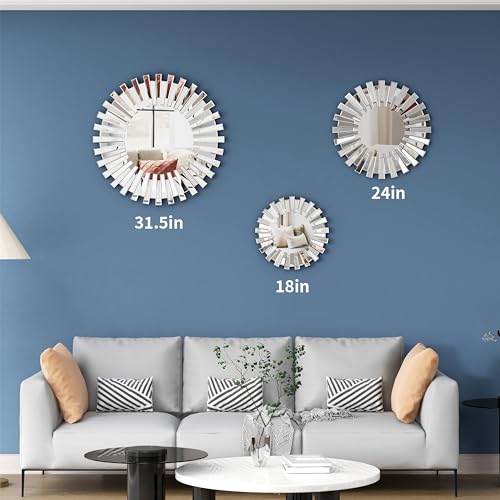 SHYFOY 18” Decorative Wall Mirror for Living Room, Round Mirror for Wall Decor, Modern Entryway Mirror, Sunburst Bedroom Mirrors Frameless Silver Wall Decor - size: 18"L x 18"W