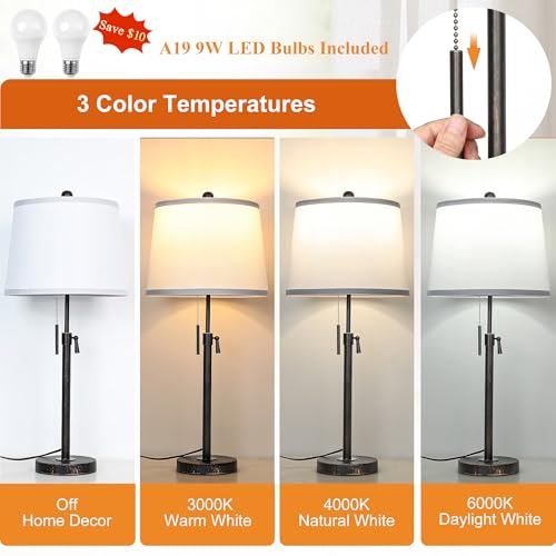 Adjustable Height Table Lamps Set of 2 22-30in Retro Black Brush Gold Modern Nightstand with White Shade 3 Color Temperature Pull Chain Bedside Lamps for Living Room Bedroom Hallway(Bulbs Included) - color: Black Gold+White Shade Set of 2
