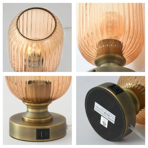 Mid Century Glass Table Lamp,Dimmable Desk Lamp,LED Bulb Included,Touch Control & USB A+C Port,Cognac Amber Ribbed Glass - color: Amber Ribbed, size: USB + Touch