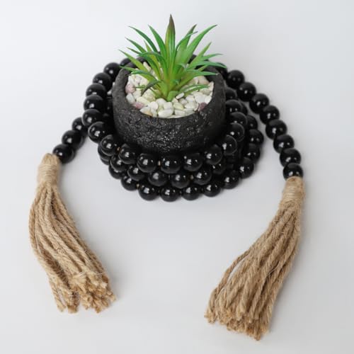 Boho Decor Wood Beads Garland Farmhouse Wall Hanging Decorations Natural Wooden Bead Tassel Decorative for Coffee Table Christmas and Prayer (Black, 58") - color: Black, size: 58"