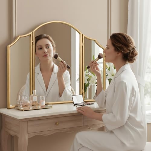 Besdomus Gold Scalloped Vanity Mirror: 36"x24" Large Modern Three Sided Dresser Miror - Minimalist Wood Frame 3 Way Trifold for Bedroom/Cloakroom/Dressing Room - Home Decor for Housewife - color: Gold Leaf, size: 24"L x 36"W