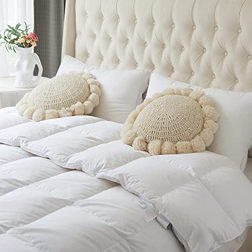 Boho Round Throw Pillow with Cute Handmade Pom Poms Tassels 18 Inch, Decorative Circular Knitted Crochet Cushion for Couch, Sofa, Chair, Bed, Beige - color: Beige
