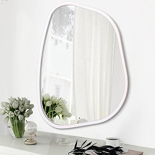 White Irregular Bathroom Mirror Modern Oval Wall Mirror Asymmetrical Wooden Framed Wall Mirror Unique Shape Wall Mounted Vanity Artistic Mirror Decor for Living Room Bedroom Entryway Small 14"x10" - color: White, size: 14"L x 10"W