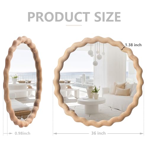 Irregular Wall Mirror,Wood Round Farmhouse Mirror Unique Vanity Mirror,36" Nature Wooden Modern Bathroom Mirror for Washroom Living Room Bedroom - size: 36"L x 36"W