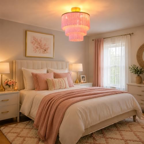 3-Tiered Pink Chandelier,3 Lights Boho Fringe Pendant Light Fixture,Tassle Chandelier for entryway,Dining Room,Baby Nursery,Gold and Pink - color: 3-Tiered-Pink
