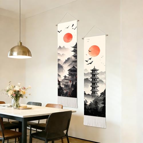 seewan 2 Pack Long Vertical Wall Tapestry, Boho Nature Landscape & Floral Aesthetic Wall Hanging for Bedroom Living Room Home Decor, Long Narrow Art Tapestry with Sunrise Mountain Botanical Designs, 13" × 51" (Zen Pagoda Twilight, 13"Wx51"H, Unframed) - c
