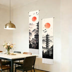 seewan 2 Pack Long Vertical Wall Tapestry, Boho Nature Landscape & Floral Aesthetic Wall Hanging for Bedroom Living Room Home Decor, Long Narrow Art Tapestry with Sunrise Mountain Botanical Designs, 13" × 51" (Zen Pagoda Twilight, 13"Wx51"H, Unframed) - c