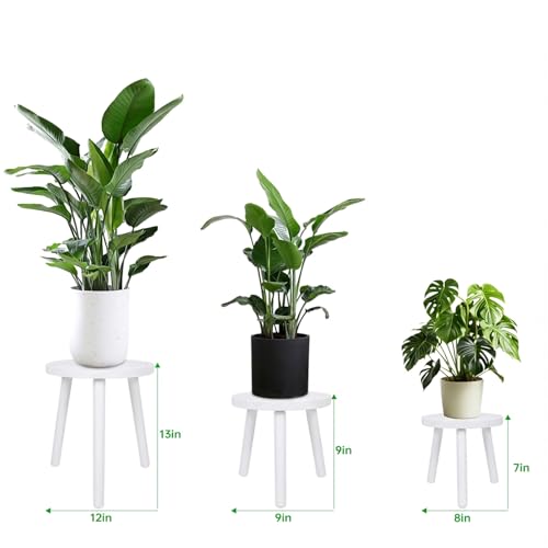 Amdermi 3-Pack Wood Plant Stands Indoor, Single Plant Stand for 6-12 Inch Pots, Mid-Century Modern Plant Stool, Tall Plant Stand for Large Plants for Living Room, Balcony, Office (White) - color: White
