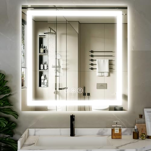 XRAMFY 47"x 47" LED Bathroom Mirror, Backlit + Front Lit, LED Bathroom Mirror with Lights for Wall, 3 Colors, Anti-Fog, Dimmable Brightness, Tempered Glass - size: 47"L x 47"W