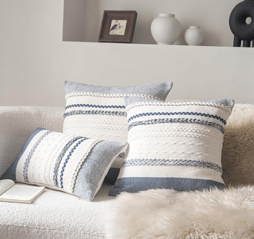 Cethom Boho Throw Pillow Covers 18x18 Inch Set of 2, Navy Blue Textured Decorative Couch Pillow Cases for Farmhouse Home Decor, Accent Cushion Cover for Sofa, Bed, Living Room, Bedroom - color: Navy Blue, size: 18" x 18" (Pack of 2)