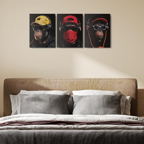 3 Pcs Cool Monkeys with Bandanas & Caps Wall Art, Funny Monkeys Art Canvas Framed Prints for Bedroom Living Room Office Cafe Bar Wall Decor, Housewarming Gifts 11.5x15 Inch - color: Multi 1364