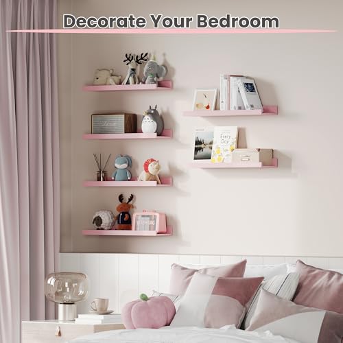 upsimples Pink Shelves for Wall, Pink Room Decor for Teen Girls, Bedroom, Living Room, Game Room, 6 Pack Wall Mounted Wood Shelves for Picture, Plants - color: Pink, size: 15.7in