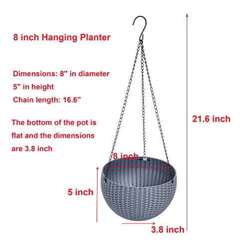 Hanging Basket Plastic Flower Pot Round Resin Garden Hanging Planter for Indoor Outdoor Plants 2 Pack Grey - color: 8 Inch Grey