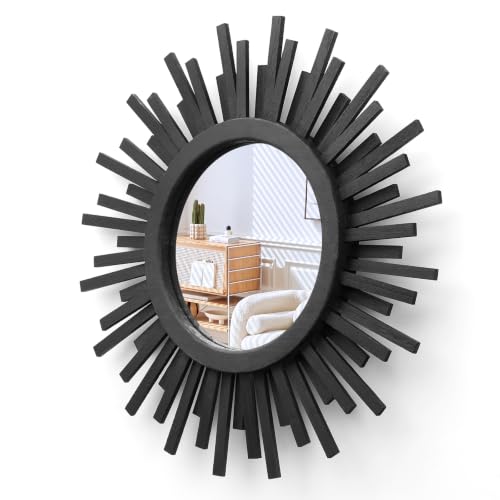 18 Inch Boho Sunburst Mirror, Round Wooden Wall Decor Starburst Sun Mirror for Bedroom, Living Room, Bathroom, Hallway, Balcony, Farmhouse Entryway, Housewarming Gift（Black - color: Black, size: 18"L x 18"W