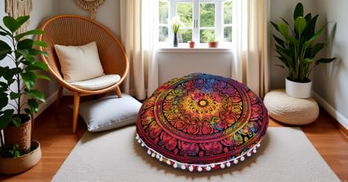 Round Mandala Floor Pillow Cover Seating Cushion Throw Cover Hippie Decorative Bohemian Ottoman Pouf Cover, Pom Pom Pillow Cases,Boho Indian 22 Inches (Multi Elephant Flower) - color: Multi Elephant Flower
