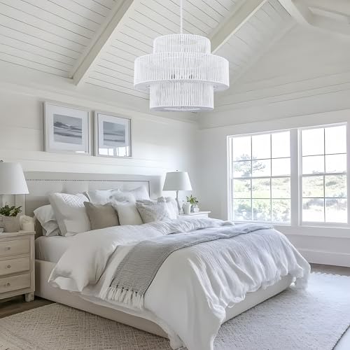 22" Farmhouse Rattan Chandeliers Large White Boho Light Fixtures for Dining Room Kitchen Island Living Room Foyer Hallway 5-Light - color: White, size: 22 Inch