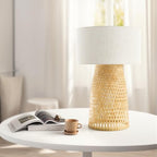 Boho Bamboo Table Lamp, Handwoven Bedside Lamp with Linen Shade, Small Natural Weave Nightstand Light for Living Room, Tea Room, Desk,Beige - color: Beige