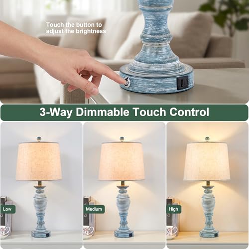 27.7" Table Lamps for Living Room Set of 2, 3 Way Dimmable Touch Lamps for Bedrooms with Dual USB Ports, Farmhouse Lamps for Nightstand,2 Bulbs Included - color: Teal
