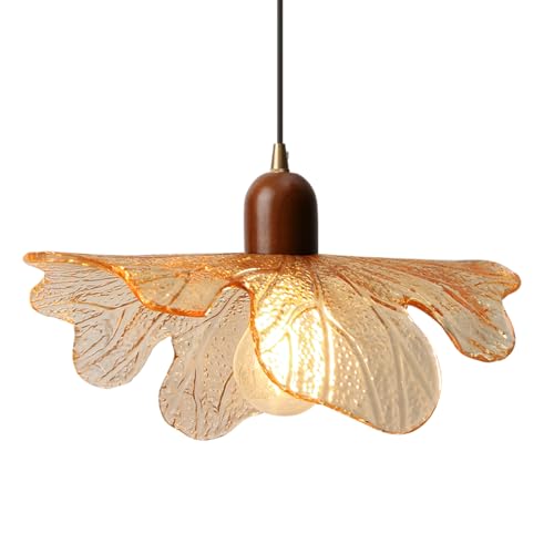 Amber Glass Pendant Light Vintage Kitchen Island Over Hanging Lights 13-inch Glass Shade Natural Wood Chandelier for Living Room Dining Room Bedroom, 1-Light - color: Amber, 1 Light