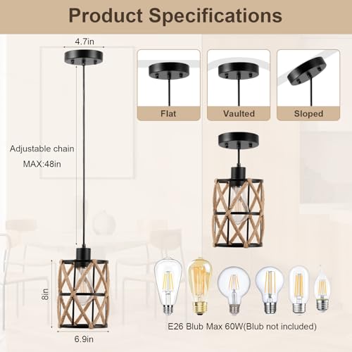 ocioc Hand Woven Hemp Rope Pendant Light, 6.7" Boho Chanderlier Light Fixture, Rattan Cylinder Lamp Shade Lamp, Farmhouse Dome Pendant Lighting for Kitchen Island, Bedroom, Dining Room, Living Room - size: 6.7"