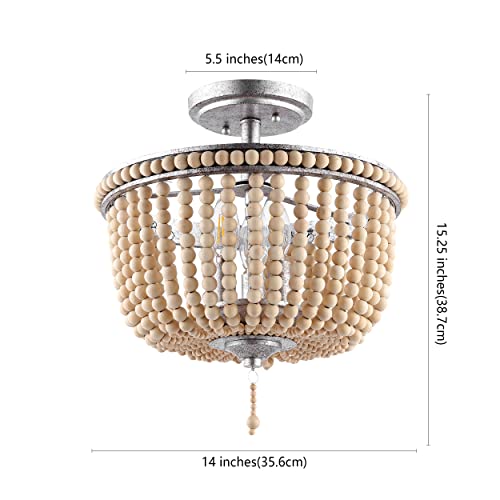 JONATHAN Y 14" Antique Silver/Light Taupe Wood Beaded LED Semi Flush Mount Light, Boho Farmhouse 3-Light Ceiling Chandelier with Cream Wood Bead Shade for Nursery, Bedroom (JYL9020B) - color: Antique Silver/Light Taupe