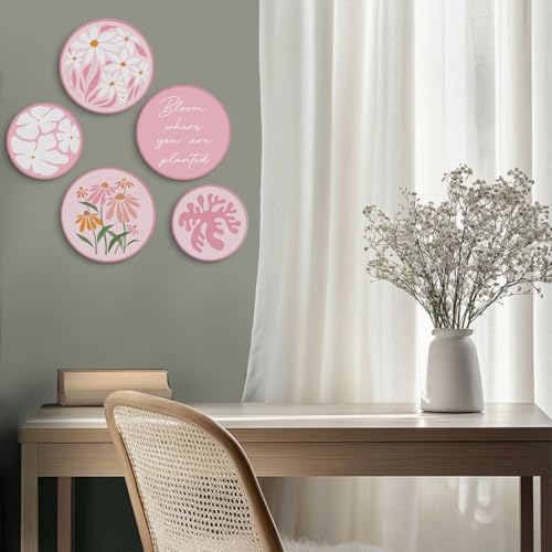 5 Pcs Funny Pink Flower Wall Art Hippie Floral Print Aesthetic Hanging Decor for Apartment Bedroom Living Room Dining Room Farmhouse Porch Kitchen - color: Pink Flower