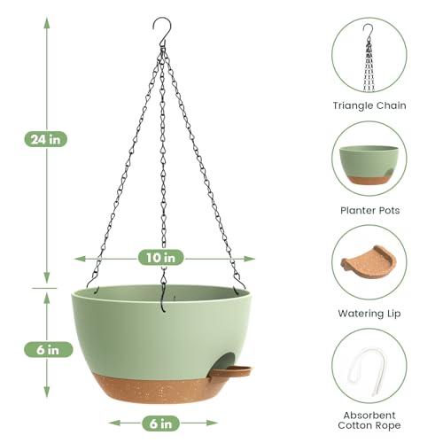 3 Pack 10 Hanging Flower Pots with Chains Self Watering Plastic Planters for Indoor Outdoor Plants, Sturdy Triangular Iron Chain Design for Garden PorchPlastic hanging flower pots (3, Green Brown) - color: Green Brown