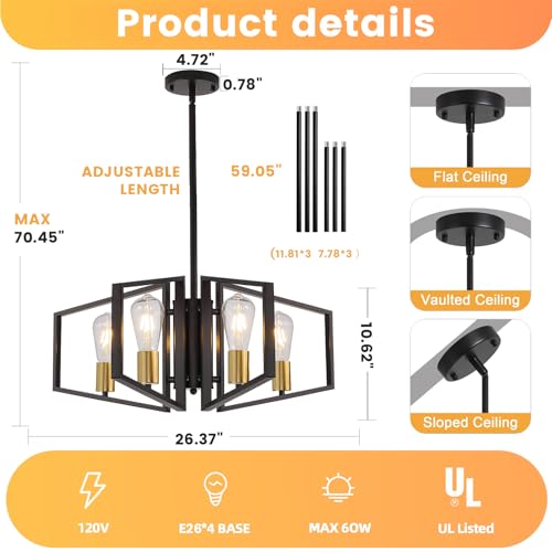 WJShome 4-Light Black and Gold Chandelier, Farmhouse Ceiling Light Fixtures, Dining Room Light Fixtures Over Table, Hanging Geometric Pendant Lights, for Kitchen Island, Bedroom, Foyer, Entryway - color: Black & Gold