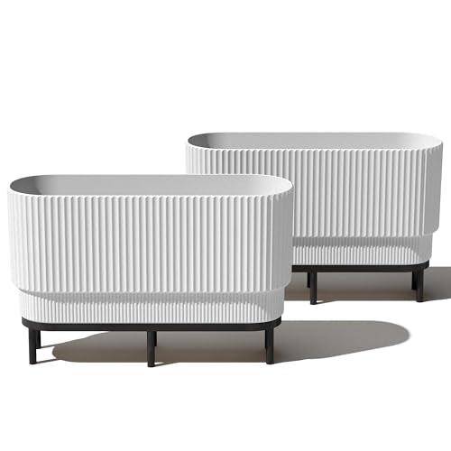 Veradek Demi Series Raised Long Planter for Indoor/Outdoor Use | Made from Plastic & Stone w/Wooden Stand | Modern Patio Décor for Flowers/Shrubs - color: White/Black, size: 30 inch - 2 Pack