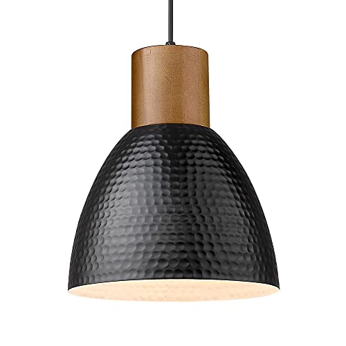 ELYONA Hammered Pendant Light, 10.2” Industrial Hanging Lamp with Solid Wood & Metal Shade, Modern Pendant Light Fixtures for Kitchen Island, Bar, Farmhouse Dining Room, Bedroom, Living Room, Black - color: Black - 1 Pack