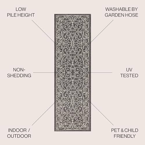 JONATHAN Y Vintage Filigree Indoor Outdoor Runner Rug 2X10 Black/Gray, Charleston Textured Weave for Backyard, Patio, Porch, Easy-Cleaning, High Traffic, Pet-Friendly, Non-Shedding (SMB106G-210) - color: Black/Gray, size: 2'2" x 10' (Runner)