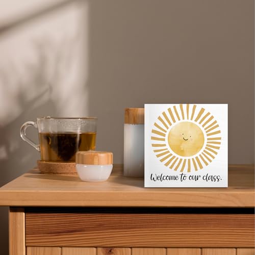 Boho Classroom Sunshine Wood Box Sign Desk Decor 5X5, Pop Smiles Rustic Welcome To Our Calss Wooden Sign Decorations for School Classroom Library Reading Nook Corner Wall Tabletop Shelf Decor - color: Colour 04, size: 5X5