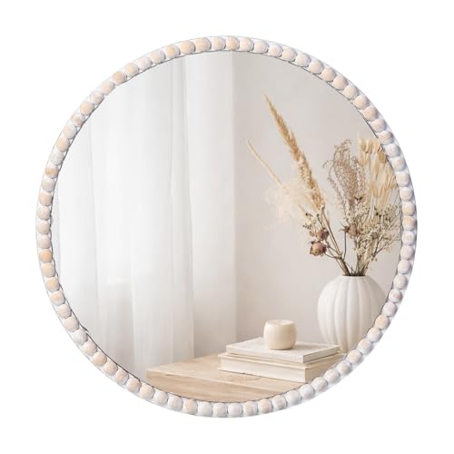 15inch Small Round Boho Beaded Mirrors for Wall Decor, Cute Decorative Hanging Wooden Circle Nursery Mirror for Girl Room, Bedroom, Livingroom - color: Round