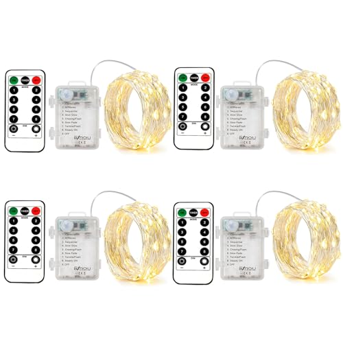 BXROIU 4 Pack Battery Operated Fairy String Lights, 8 Modes 5M Silver Wire with Remote & Timer - 50 LEDs Waterproof for Bedroom, Wedding, Christmas, Party Decorations - color: 4Pack(3AAA,not included)Warm White