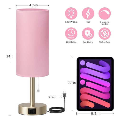 Dicoool Pink Bedside Table Lamp for Bedroom, Small Nightstand Lamp for Girls, 3 Color Temperatures & USB Charging Port, Cute Desk Lamp for Kids Teens Room Decor, Dorm Room Essentials - color: Pink-Light Gold