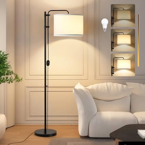 GyroVu Floor Lamp for Living Room, Adjustable Height Standing Lamps with 350° Rotate White Lampshade, 67.5-Inch Modern Tall Lamp Dimmable Floor Lamps for Corner Bedroom Home Office (Bulb Included) - color: White Fabric Shade