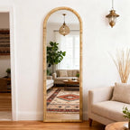 Arched Full Length Mirror, 63''x20'' Floor Mirror, Rattan Frame Full Body Mirror for Home Bedroom Checkroom Livingroom Boho Decor (Natural Rattan)