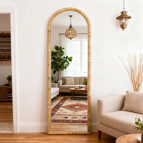 Arched Full Length Mirror, 63''x20'' Floor Mirror, Rattan Frame Full Body Mirror for Home Bedroom Checkroom Livingroom Boho Decor (Natural Rattan)
