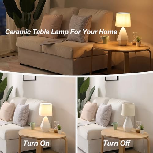 SOTTAE Modern Small Ceramic Table Lamp, White Irregular Geometric Bedside Table lamp for Bedroom,Nightstand Lamps with White Fabric Shade, Small Lamp for Kitchen Living Room