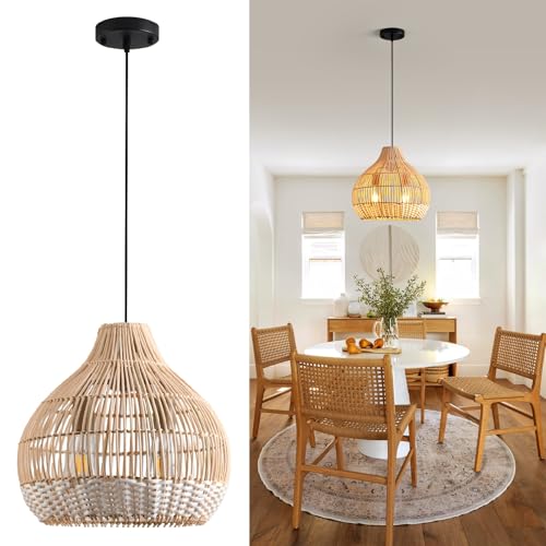 Boho Pendant Lights Kitchen Island 14.6in White Rattan Chandelier Beachy Wicker Dining Room Light Fixtures Woven Hanging Ceiling Lighting for Bedroom Breakfast Nook Restaurants Foyer Corridor - color: H016, size: 14.6in/37cm
