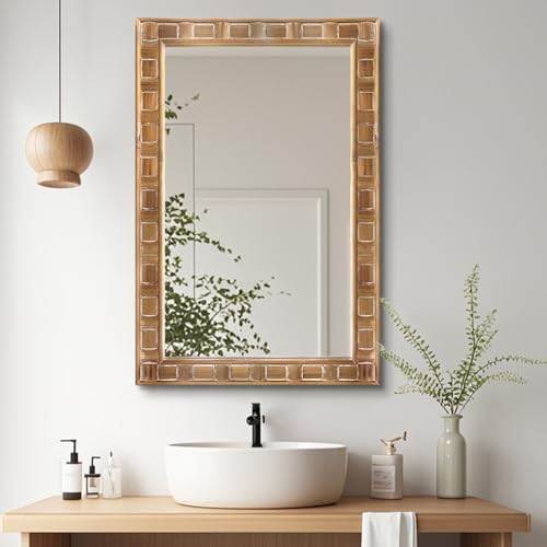 POZINO Rustic Wood Mirror, 24"X36" Farmhouse Bathroom Mirror for Over Sink, Natural Wooden Rectangle Wall Mirrors for Living Room Entryway Bedroom Hallway Fireplace, Horizontal Or Vertical - color: Natural Wood, size: 36"Lx24"W