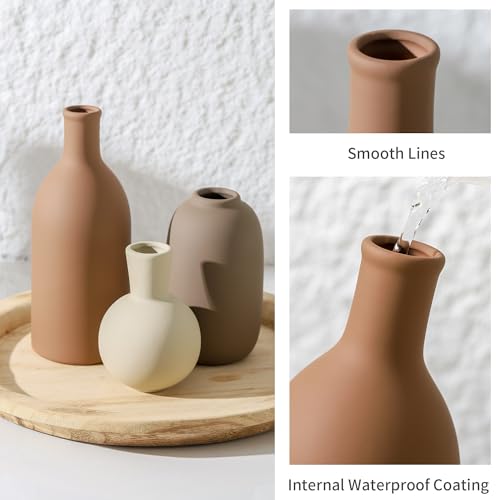 Ceramic Vases Set of 3, Modern Neutral Rustic Farmhouse Home Decor Pottery Pampas Decoration for Living Room, Table, Bathroom, Bedroom, Entryway - Brown - color: 006-brown