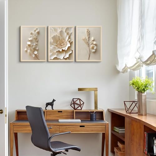 BHSUUHIT 3 Pcs Neutral Beige Botanical Wall art White Florals Wall Decor Cream Neutral Botanical Prints Beige Bloom Flower Textured Paintings Vintage Blossom Pictures 12x16in Unframed Poster - color: poster-Beige, size: 12L" x 16W"