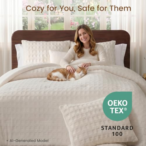 Amélie Home Fleece Comforter Set Size, Beige Waffle Textured Fleece Comforter Set, Super Warm Fluffy Plush Bedding Set, 3 Pieces,1 Cozy Comforter and 2 Pillowcases - color: Waffle Beige, size: Queen (90"x90")