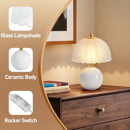 PARTPHONER Mushroom Table Lamp, Ceramic Bedside Lamp with Glass Shade, 3-Way Lighting (2700K-5000K) Rocker Switch, Small Nightstand Lamp for Bedroom, Living Room, Office, White - color: White