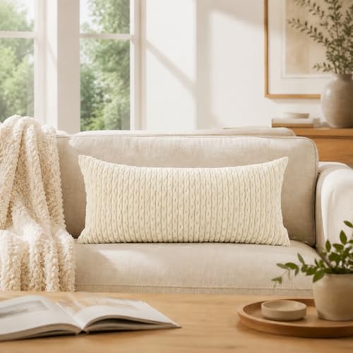 JoraLion 14x24 Boho Decorative Lumbar Throw Pillow Cover, Cream Cozy Soft Striped Corduroy Long Rectangle Cushion Case Accent Home Decor for Sofa Bed Room Livingroom, ONLY Cover - color: Cream, size: 24" x 14" (Pack of 1)