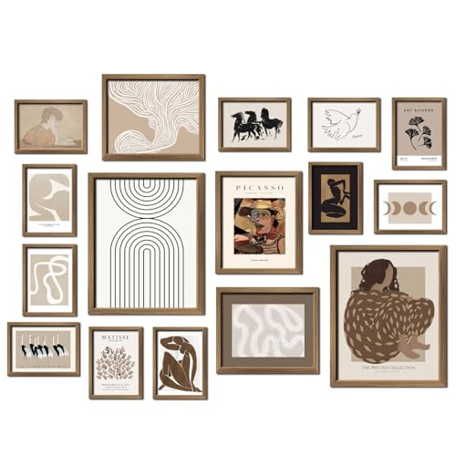 ANERZA 16 PCS Framed Boho Eclectic Wall Art Decor, Abstract Wall Collage Kit Prints for Bedroom Bathroom, Gallery Wall Frame Set, Minimalist Posters for Living Room Aesthetic, Beige and Brown Dorm Artwork - color: Linen, size: 12"x15" Framed
