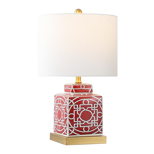 JONATHAN Y 22" Red/White Modern Ceramic Ginger Jar Table Lamp for Nightstand, Square Lattice Transitional Chinoiserie Lamp for Living Room, White Linen Shade, LED Bulb (JYL3044B) - color: Red/White